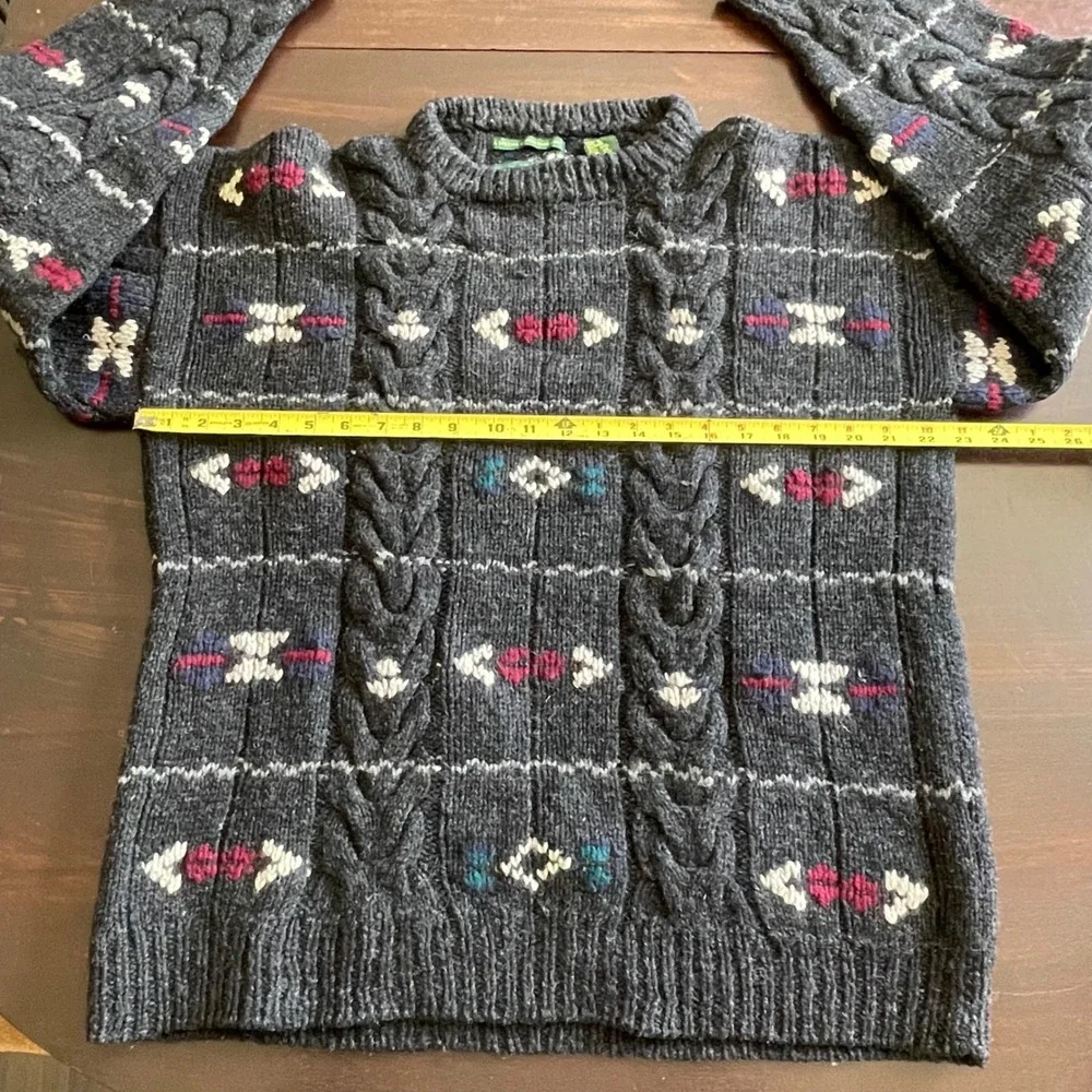 Embassy Row Mens L Hand Knit Shetland Wool Sweater Charcoal Grey Cable Geometric